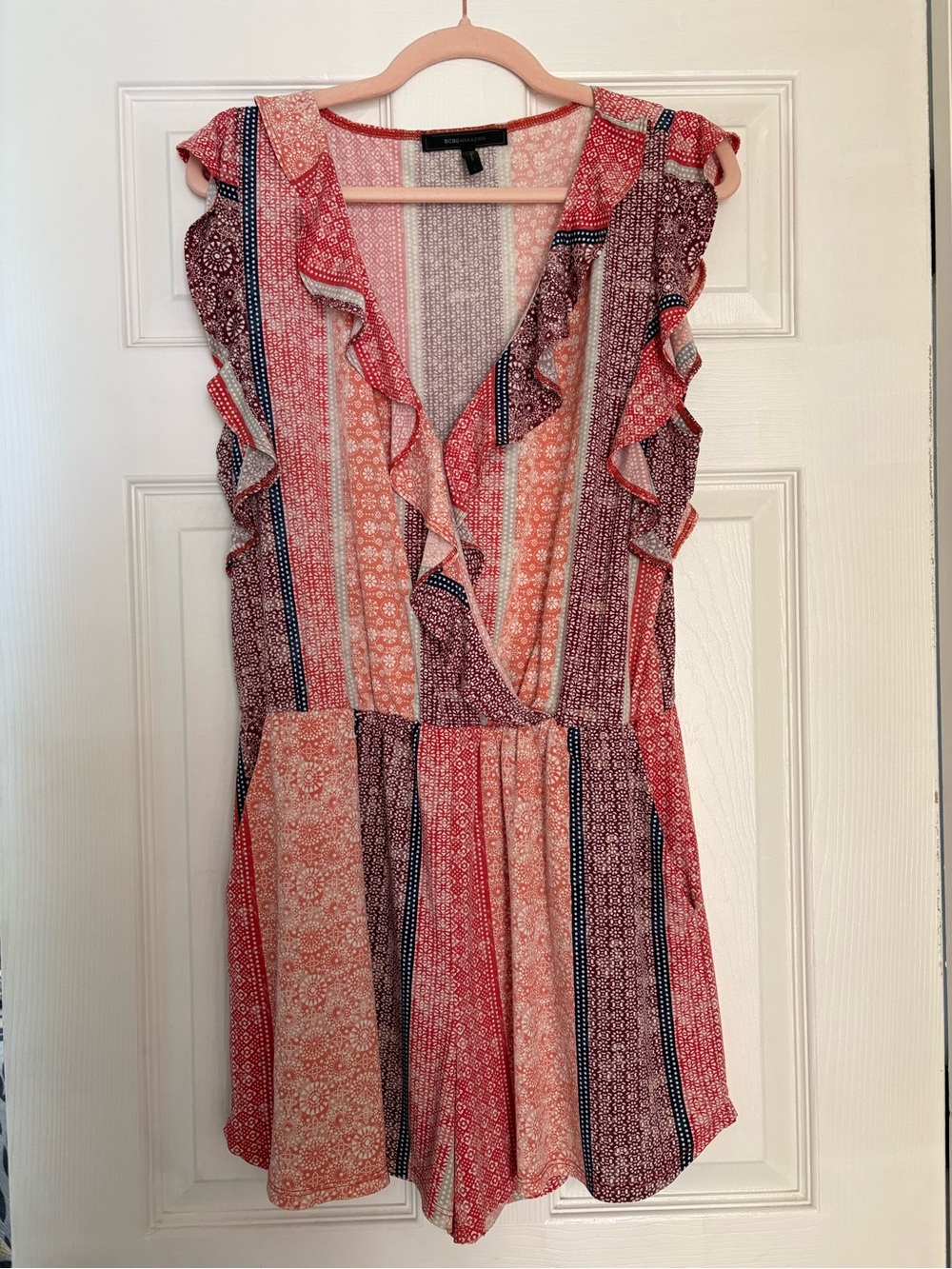 BCBGMAXAZRIA | Women’s Large | Multi- Pattern Ruffled V-Neck Romper